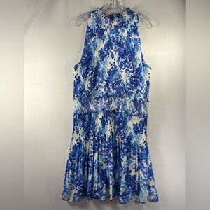 Chic Blue and White Patterned Smocked Midi Dress